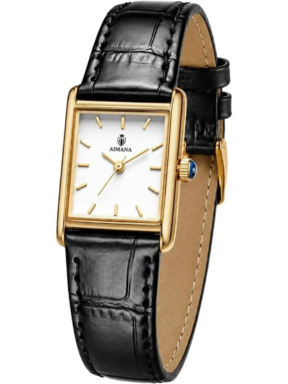 Women's Gold Case Black Rectangle Vintage Leather Strap Quartz Movement Watch